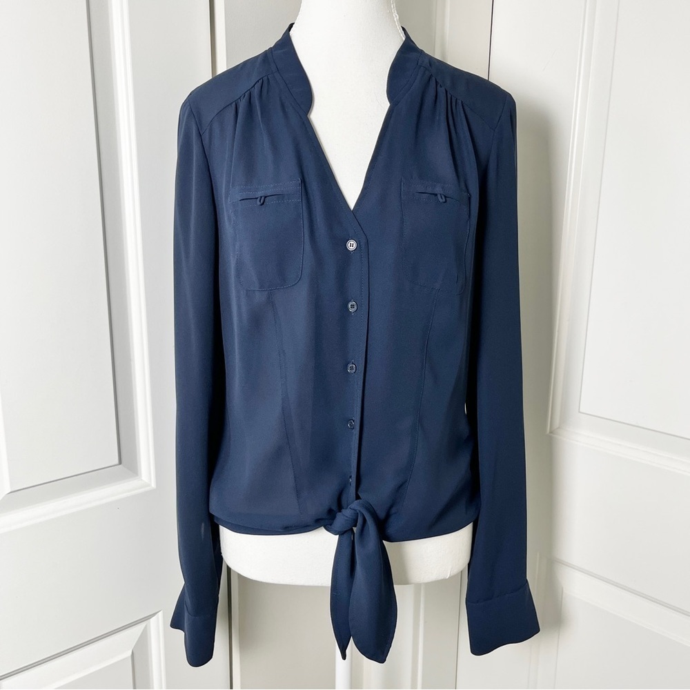 Suzy Shier Navy Button-Up Tie Front Blouse w/ Peek-a-boo Back Detail - M/L - Picture 3 of 13